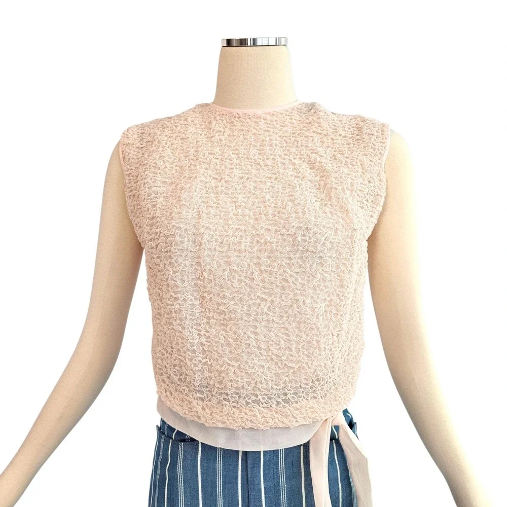 Vintage 1960's Pink Textured Blouse Top Shirt Majorette Tie Waist Band - Picture 3 of 13